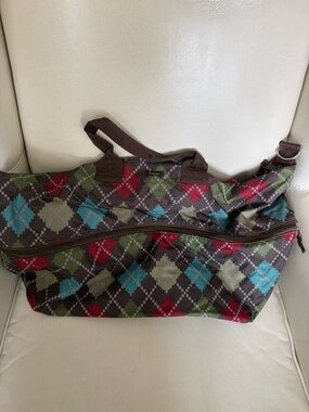 Argyle Pattern Travel Tote Bag in Brown, Teal & Red